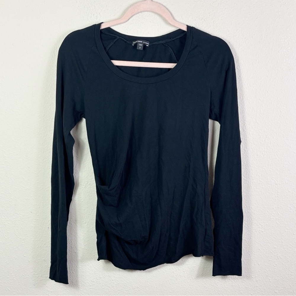 James Perse Ruched Side Long Sleeve Black Crew Neck Top Size 2